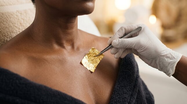 Aesthetician using tweezers to apply luxury 24k gold leaf patch on chest of Black woman.