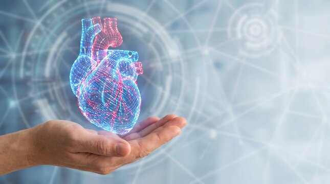 Digital Human Heart Anatomical Model Floating Above A Hand To Represent Advanced Medical Technology And Cardiology Care