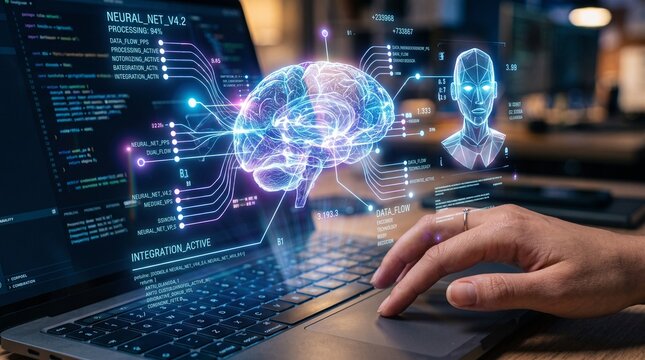 Laptop artificial intelligence brain hologram