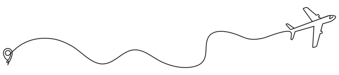 Obraz premium Airplane flying with map pin continuous line drawing. Travel concept. Vector illustration isolated on white.