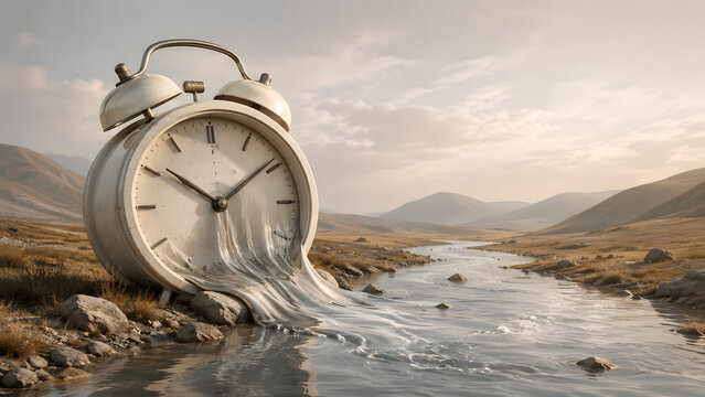 Surreal Melting Alarm Clock Flowing into a River Representing Time, Change and the Passage of Life