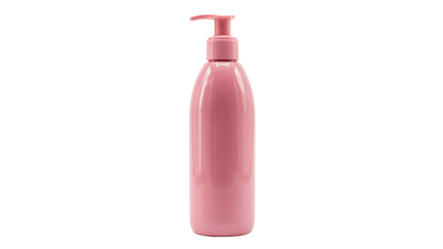 Empty pink plastic cosmetic bottle with a pump dispenser for liquid soap, lotion, or shampoo product packaging isolated on a transparent background
