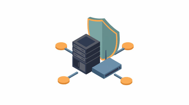 Isometric illustration of a secure server with data protection shield.