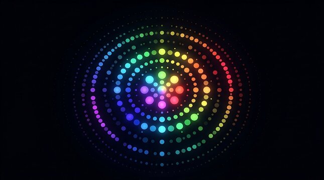 Rainbow glowing circle of dots, vibrant neon light spectrum on black background, abstract digital radial pattern for music and tech