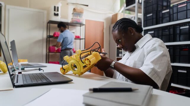 African American young adult woman assembling yellow robotic drone at desk with laptop. Clip is perfect for STEM education, robotics engineering, and diversity in technology marketing campaigns