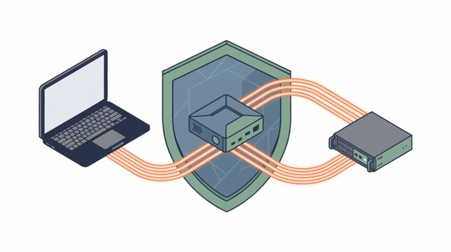 Laptop connected to secure server with firewall protection concept.