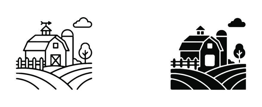 Farm house barn with silo and field landscape icon vector illustration set in linear line art style and solid black glyph silhouette
