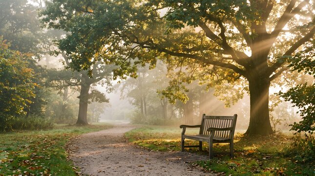Foggy morning park path with sunbeams and bench.