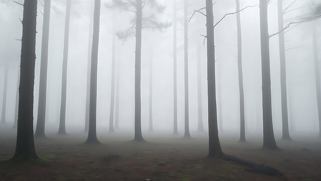 Foggy pine forest with mist, nature and mystery concept