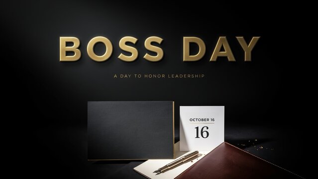 Boss Day celebration concept with gold 3D lettering, professional office desk accessories on black background, October 16 calendar date for leadership appreciation