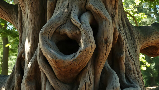 Ancient oak tree trunk with twisted grain and burl, textured bark in forest.