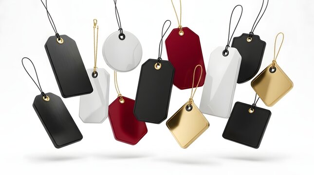 Assortment of colorful blank hanging tags with gold strings for product labeling and branding purposes