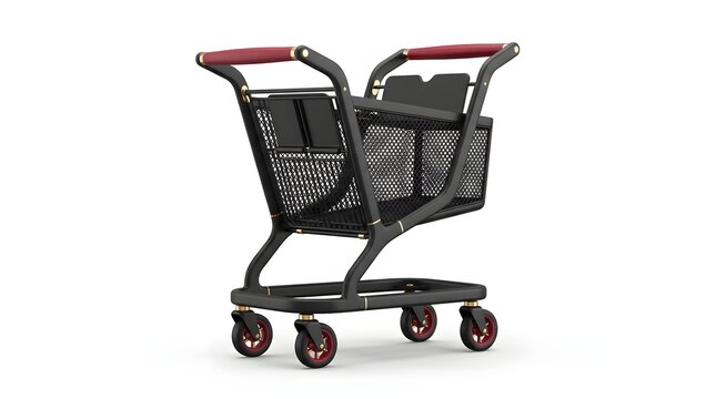 Modern black and red shopping cart with two-tier mesh basket design for efficient grocery handling