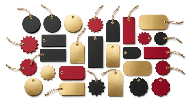 Assorted festive gift tags with metallic gold, deep red, and black colors in holiday-themed shapes and finishes