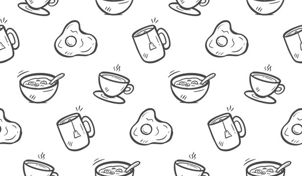 Breakfast doodle background. Food and beverage doodle pattern. Cute breakfast menu pattern background. Seamless pattern of coffee, tea, syrup, milk, croissant, bread, cereal, egg.