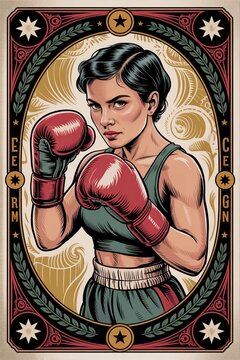 Vintage boxing poster illustration of a determined female fighter in red gloves