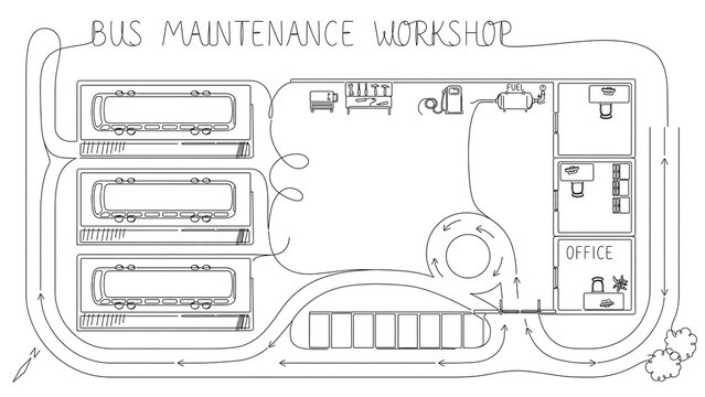 Bus maintenance workshop layout white background.