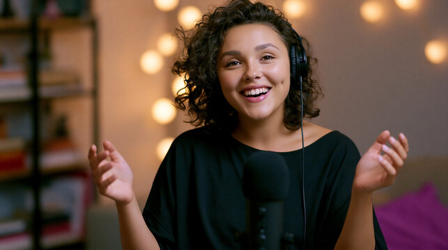 Young woman yapping into microphone while wearing headphones, recording lively podcast, online conversation and social media content at home
