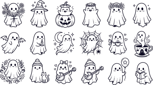 Collection of cute cartoon ghosts in various poses and costumes silhouette