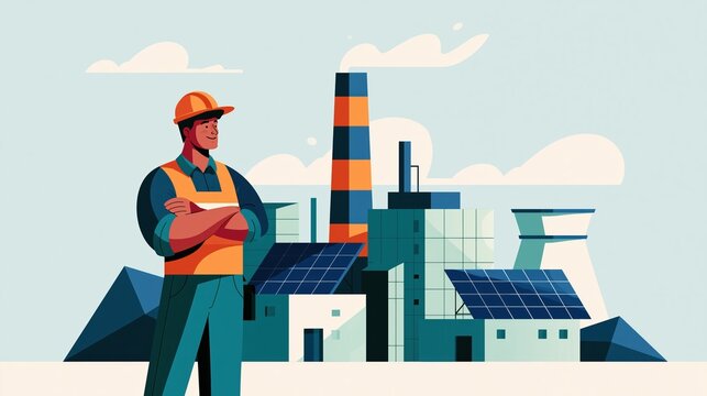 Flat vector illustration of an engineer standing beside a stylized mineral processing plant with solar panels, simple geometric shapes