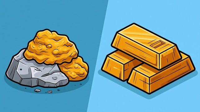 Flat vector illustration of raw ore transforming into refined metal ingots, side-by-side before-after composition, bold flat colors