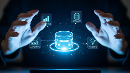 Fototapeta premium Businessman Interacting with Futuristic Cloud Computing Interface for Digital Data Storage, Database Management, Business Analytics, Network Infrastructure, Online Services, and Technology Innovation