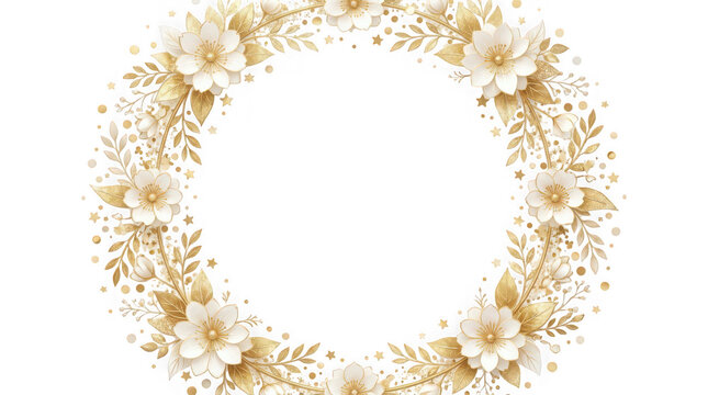 Elegant gold floral wreath design with delicate white flowers and leaves transparent background