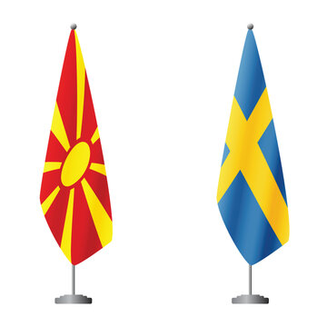 Northern Macedonia and Sweden flags on flagpoles for official ceremonies and meetings, transparent background vector