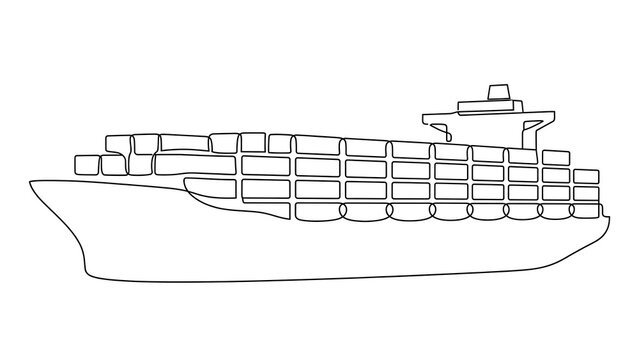 Cargo ship line art illustration white background.