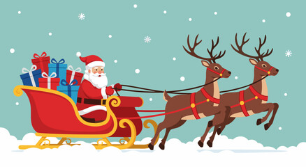Fototapeta premium Animated Christmas Eve Sleigh Ride Featuring a Festive Character Pulled by Reindeer Across a Snowy Landscape Illustration