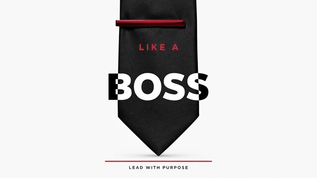 Professional black necktie with red tie clip, Like a Boss text on silk tie, corporate leadership and business success concept