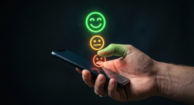 Hand holding a smartphone with glowing emoji rating icons for customer satisfaction and feedback service