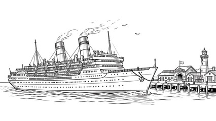 Fototapeta premium Classic ocean liner illustration white background.