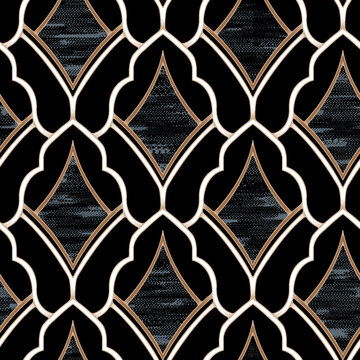 Seamless Vector Pattern with Moroccan Ogee and Art Deco Elements in Gold and Black