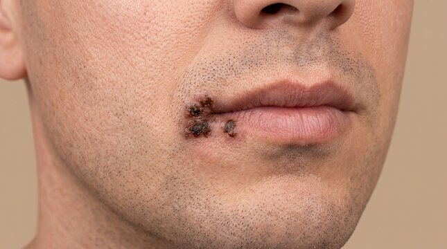 Dry crusted herpes labialis cold sore scab on corner of lip on male face