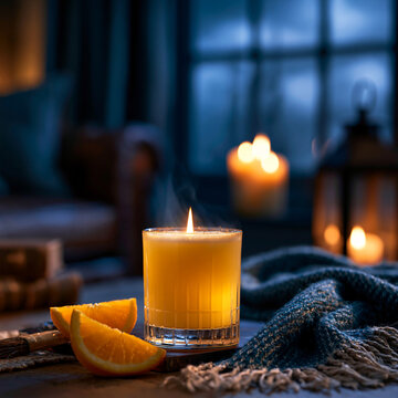 Burning scented candle in a glass jar accompanied by fresh orange slices and cozy blanket