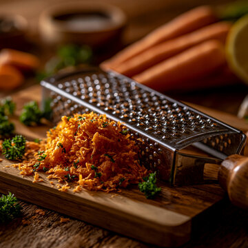 Freshly grated carrots on a wooden cutting board with a metal grater and herbs