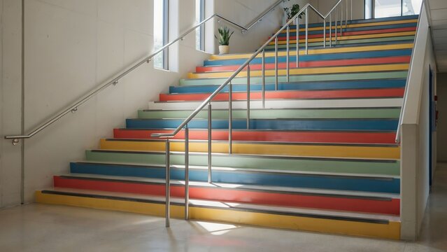 Sunlit school staircase with colorful treads &ndash; Perfect for educational interior design, school facilities, or architecture blogs.