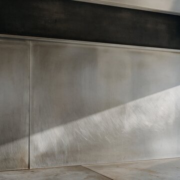Brushed stainless steel splashback with a greasy patina and soot-darkened edge, worn for industrial kitchen and food safety backgrounds
