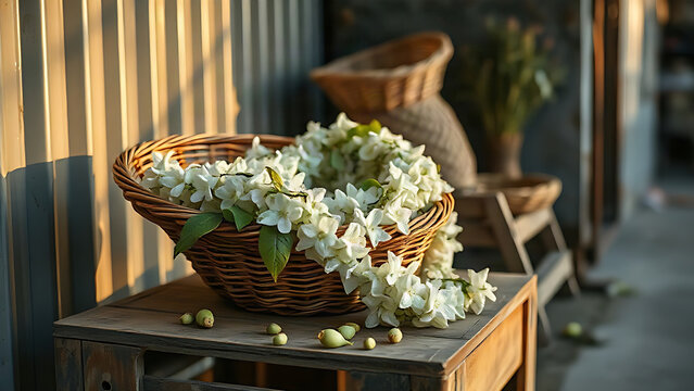 Jasmine garland in handmade basket on wooden crate with loose sampaguita buds, flower delivery business concept