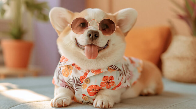 Cute welsh corgi dog wearing sunglasses and a colorful floral summer shirt lying down