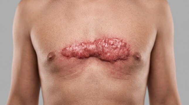 Large Keloid Scar on Male Chest Skin After Surgical or Injury Healing