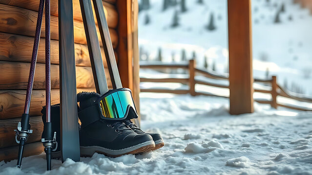 Ski poles, goggles, insulated winter boots at doorstep with snowy slope, winter season preview