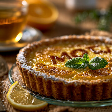 Baked lemon tart with powdered sugar and fresh mint leaves on a glass plate
