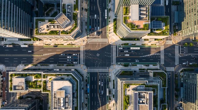 Straight down aerial bird eye view of a busy urban city intersection with crosswalks and modern buildings intersection crosswalks buildings