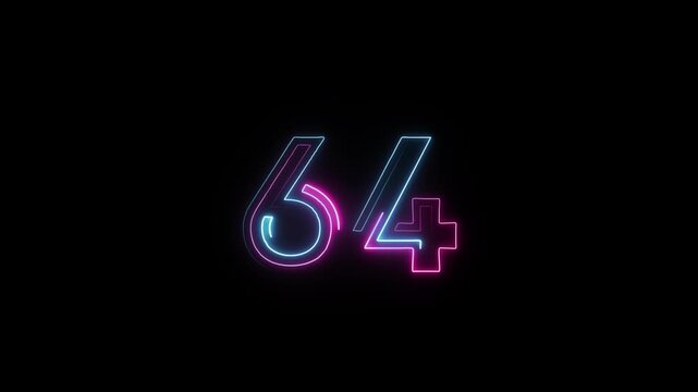Number 64 in neon style, neon number with transparent background, sixty-four