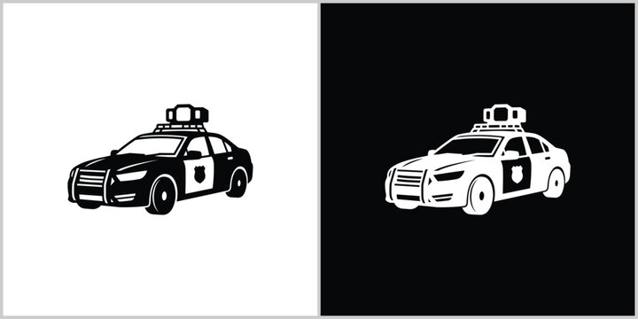 Police Car Vector Icon Design on Black and White Backgrounds