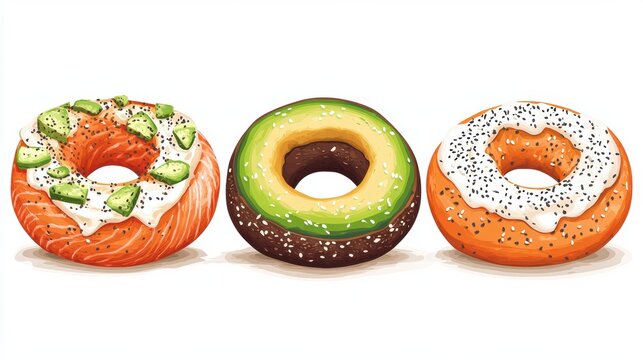 Fresh bagels,smoked salmon bagel ,cream cheese bagel,avocadobagel,sesame,menu,banner,branding,Bakery brunch time,healthy food,wellness care concept.