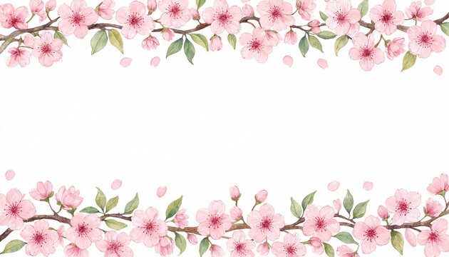 Watercolor illustration of blooming cherry blossom flower branches forming a decorative frame border