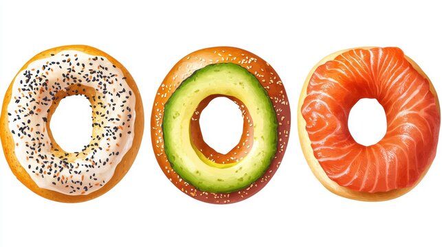 Fresh bagels,smoked salmon bagel ,cream cheese bagel,avocadobagel,sesame,menu,banner,branding,Bakery brunch time,healthy food,wellness care concept.